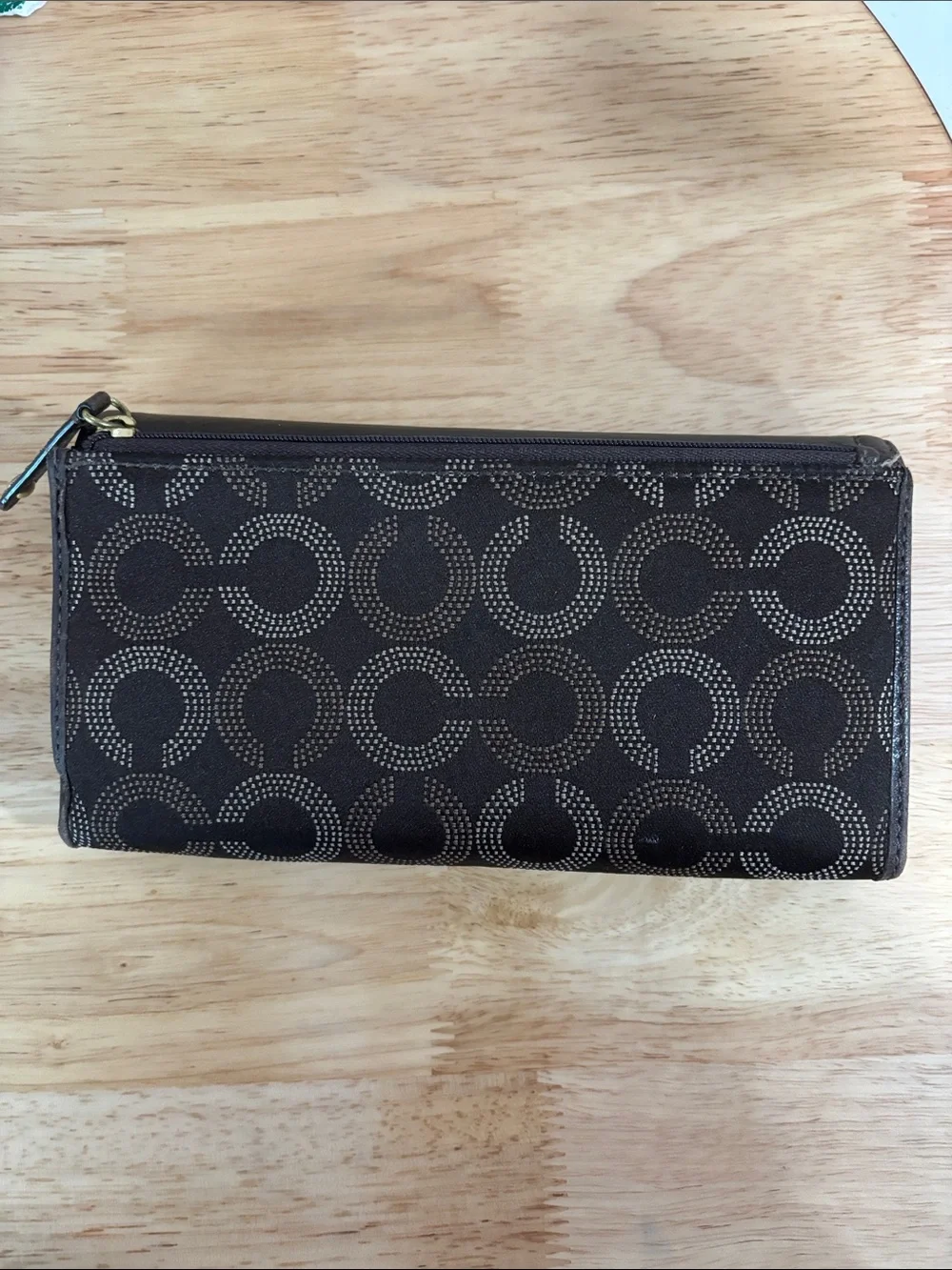Coach Dark Brown Signature Circle Pattern Continental Wallet with check book